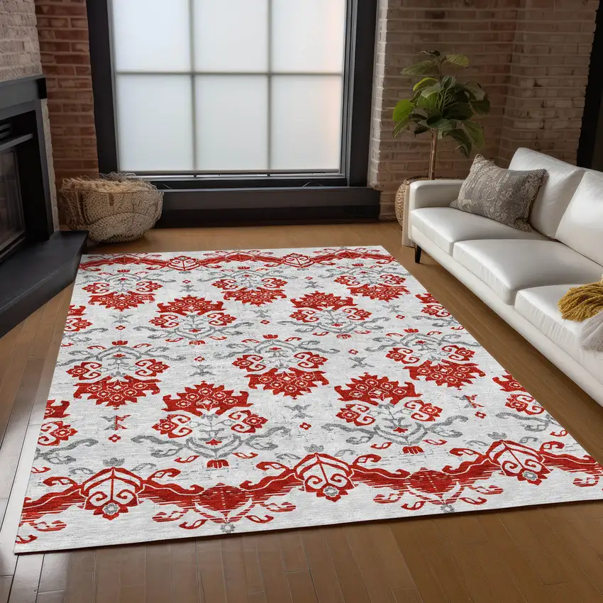 Red Gray And Silver Oriental Washable Indoor Outdoor Area Rug Photo 8