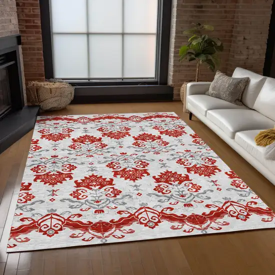Red Gray And Silver Oriental Washable Indoor Outdoor Area Rug Photo 8