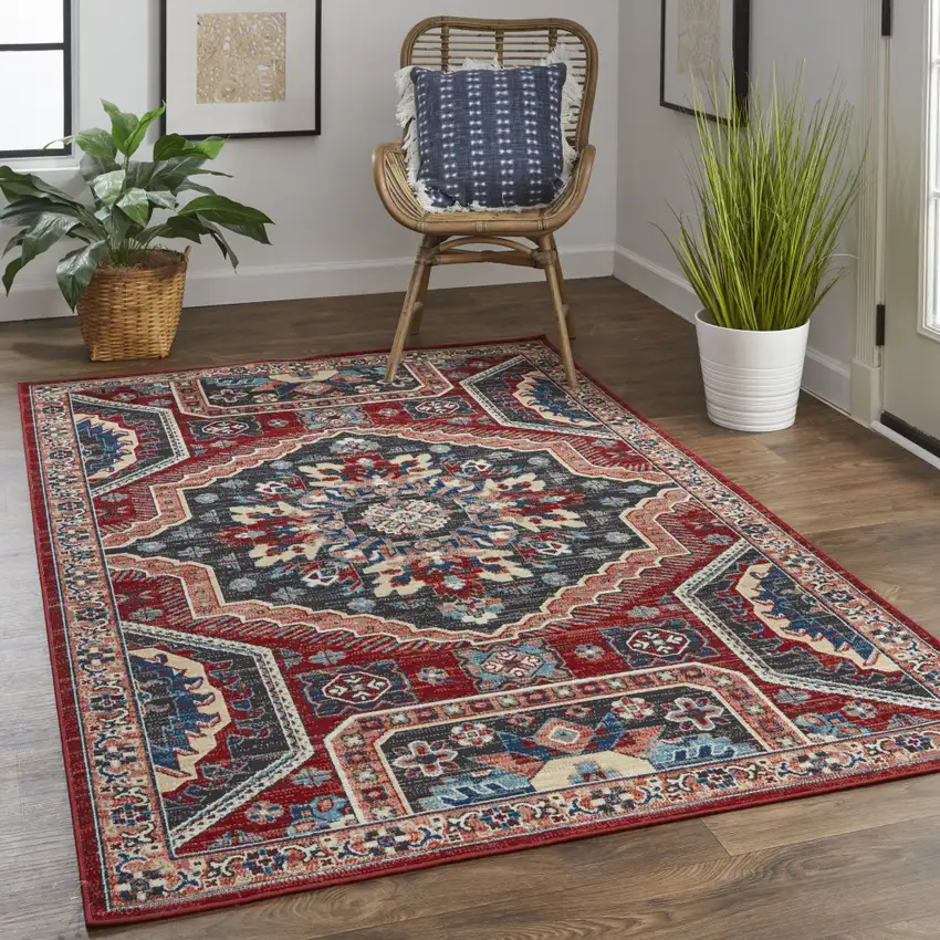 Red Gray And Tan Abstract Power Loom Distressed Stain Resistant Area Rug Photo 3