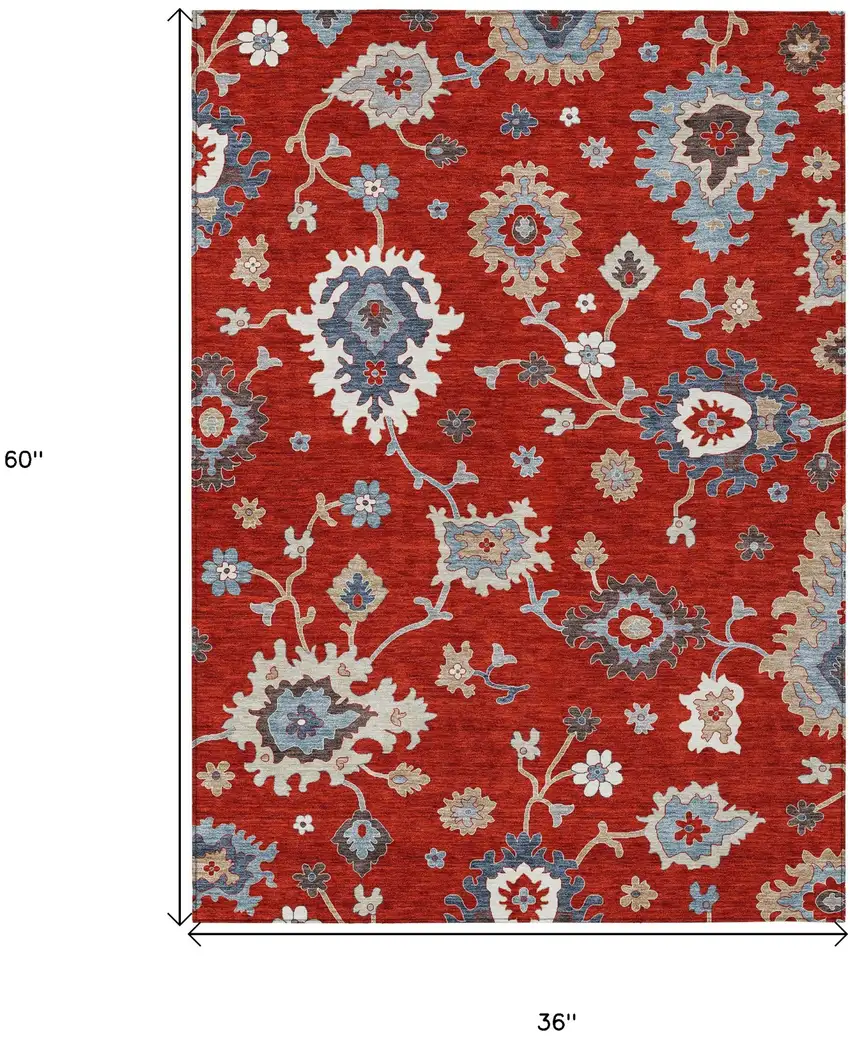 Red Gray And Taupe Floral Washable Indoor Outdoor Area Rug Photo 8