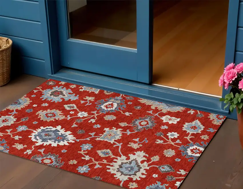 Red Gray And Taupe Floral Washable Indoor Outdoor Area Rug Photo 1