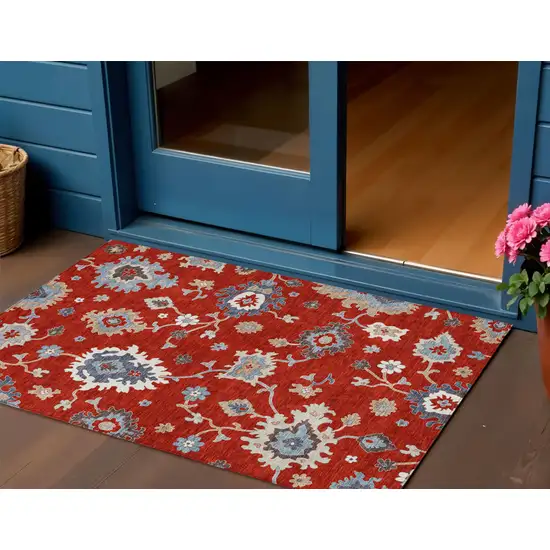 Red Gray And Taupe Floral Washable Indoor Outdoor Area Rug Photo 1