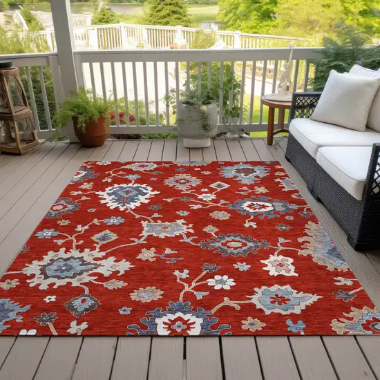 Red Gray And Taupe Floral Washable Indoor Outdoor Area Rug Photo 7