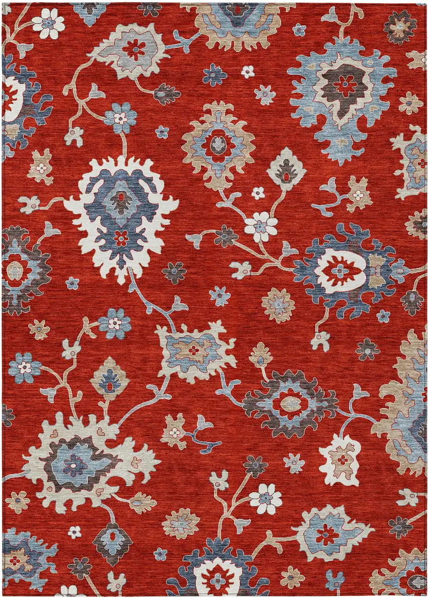 Red Gray And Taupe Floral Washable Indoor Outdoor Area Rug Photo 1