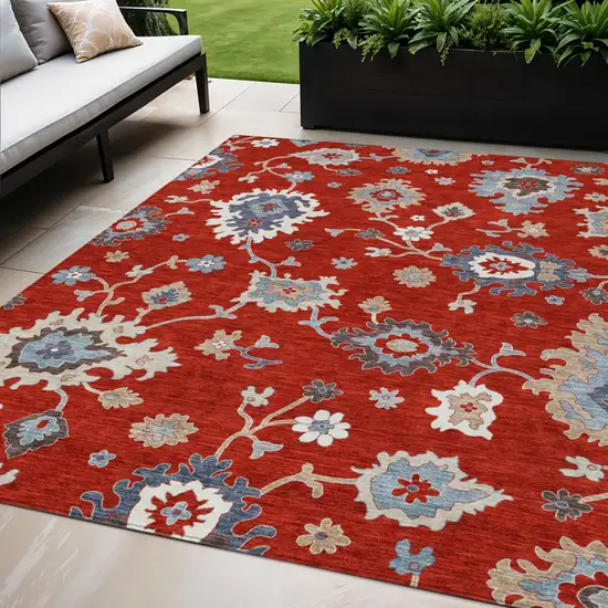 Red Gray And Taupe Floral Washable Indoor Outdoor Area Rug Photo 1