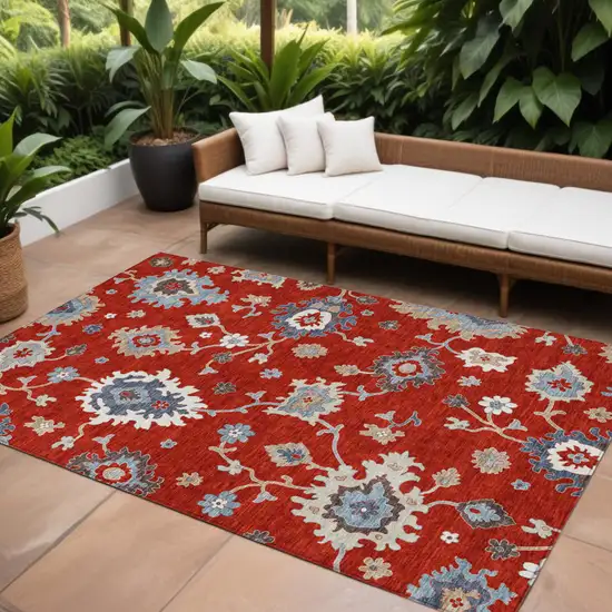 Red Gray And Taupe Floral Washable Indoor Outdoor Area Rug Photo 1