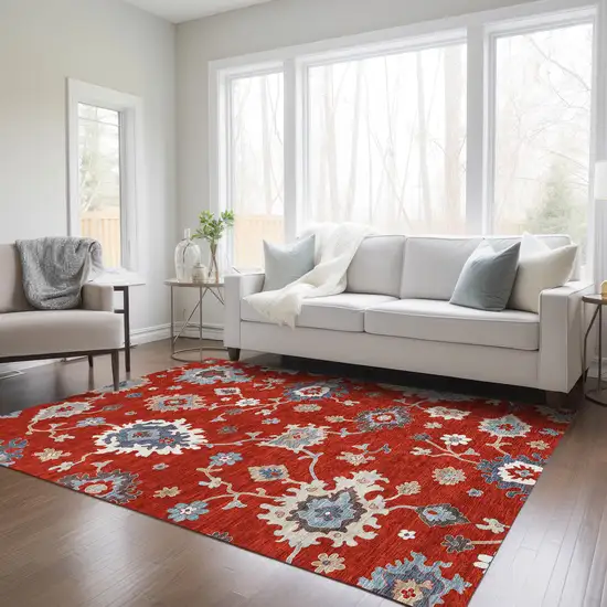 Red Gray And Taupe Floral Washable Indoor Outdoor Area Rug Photo 9