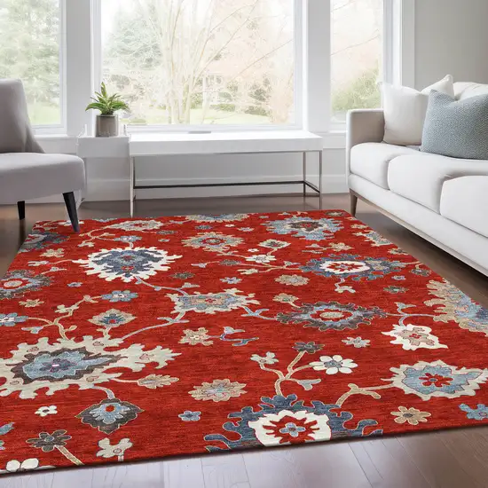 Red Gray And Taupe Floral Washable Indoor Outdoor Area Rug Photo 8