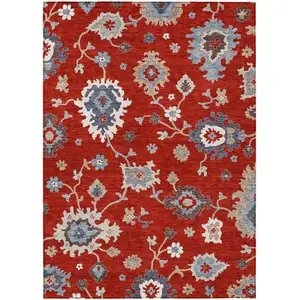 Photo of Red Gray And Taupe Floral Washable Indoor Outdoor Area Rug