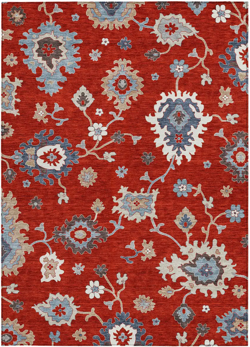 Red Gray And Taupe Floral Washable Indoor Outdoor Area Rug Photo 6
