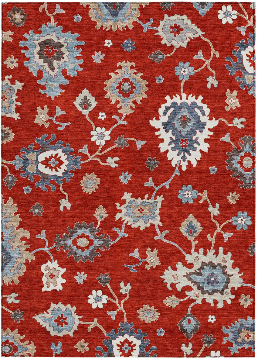 Red Gray And Taupe Floral Washable Indoor Outdoor Area Rug Photo 6