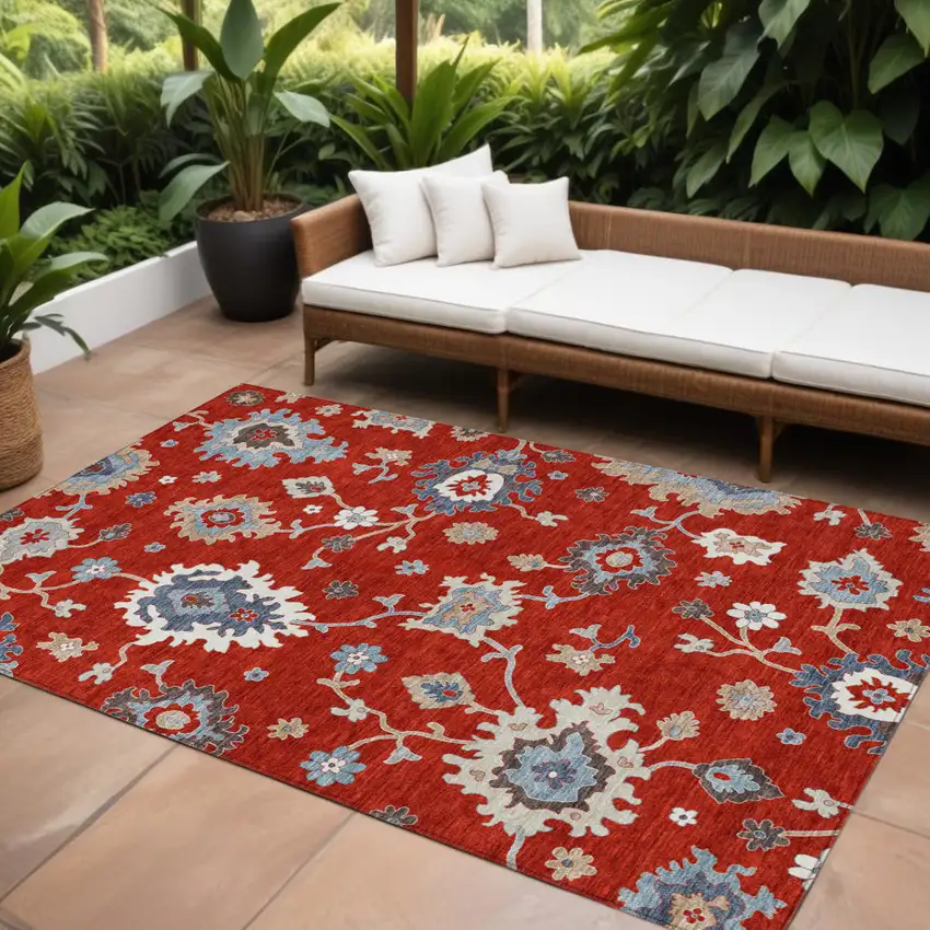 Red Gray And Taupe Floral Washable Indoor Outdoor Area Rug Photo 1