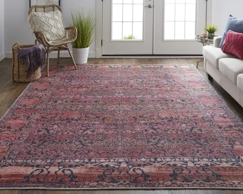 Red Gray and Orange Damask Power Loom Worn Faded Washable Area Rug Photo 7