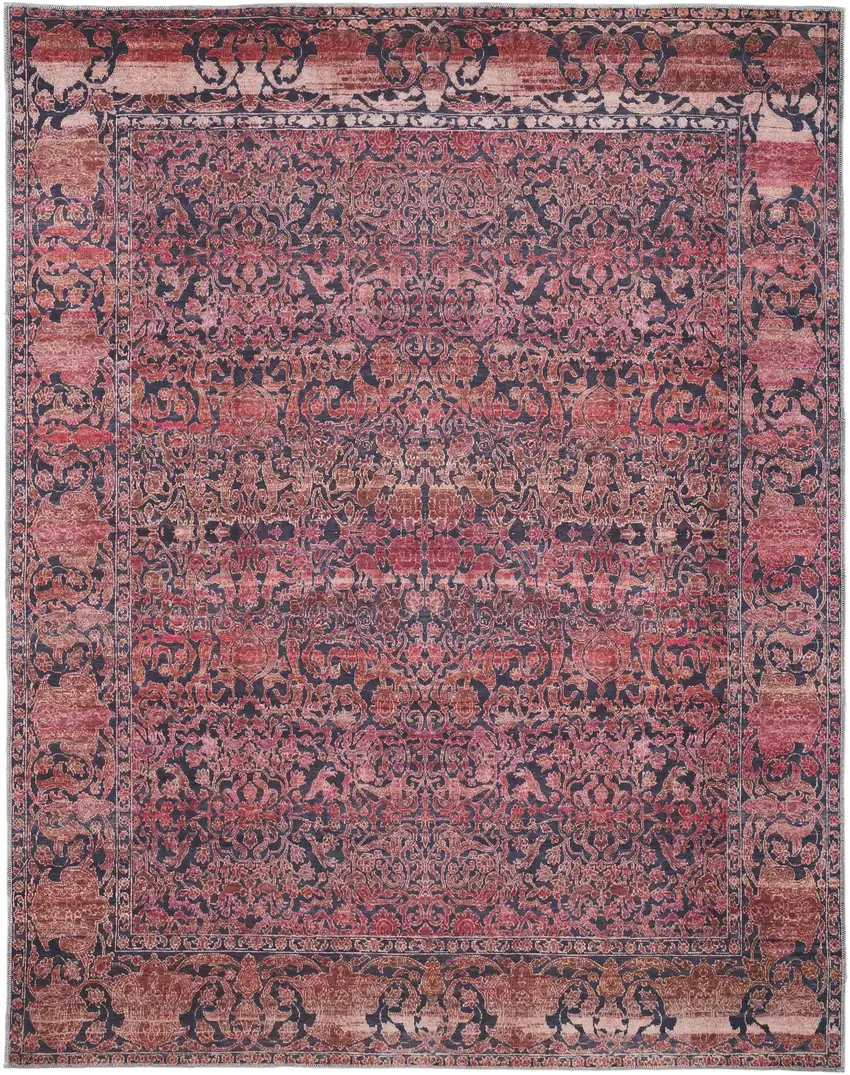 Red Gray and Orange Damask Power Loom Worn Faded Washable Area Rug Photo 2