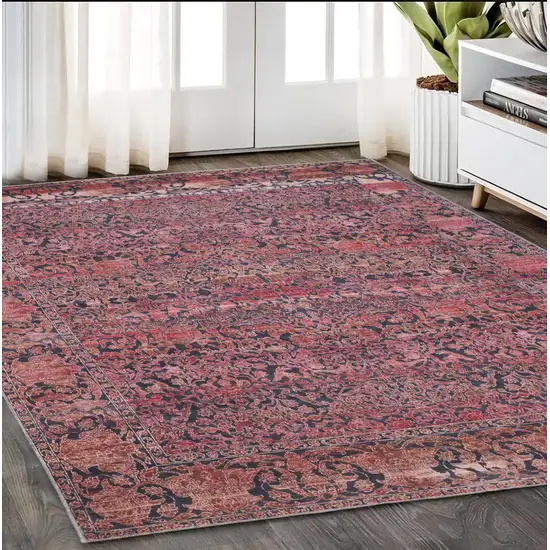 Red Gray and Orange Damask Power Loom Worn Faded Washable Area Rug Photo 1