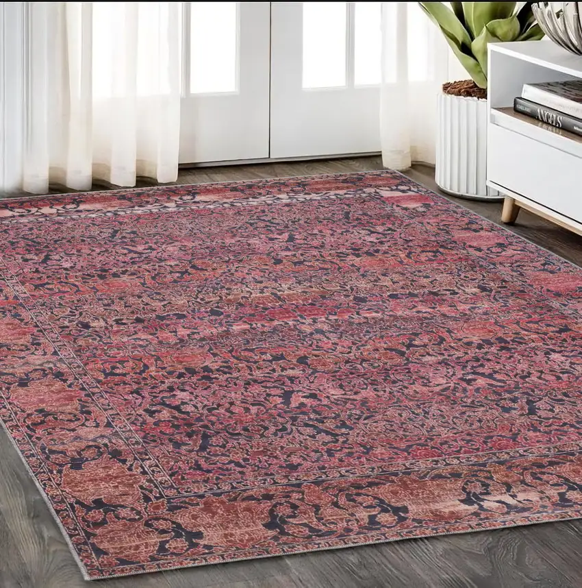 Red Gray and Orange Damask Power Loom Worn Faded Washable Area Rug Photo 1