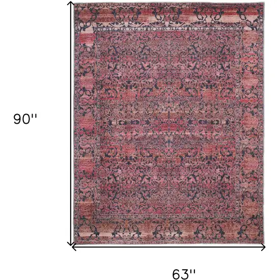Red Gray and Orange Damask Power Loom Worn Faded Washable Area Rug Photo 3
