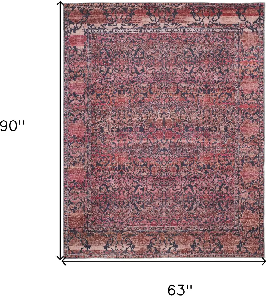 Red Gray and Orange Damask Power Loom Worn Faded Washable Area Rug Photo 3