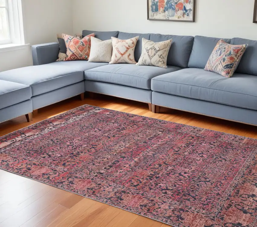 Red Gray and Orange Damask Power Loom Worn Faded Washable Area Rug Photo 1