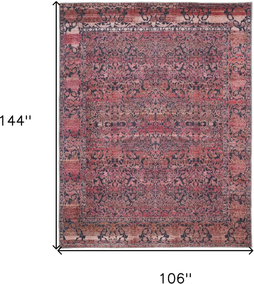 Red Gray and Orange Damask Power Loom Worn Faded Washable Area Rug Photo 3