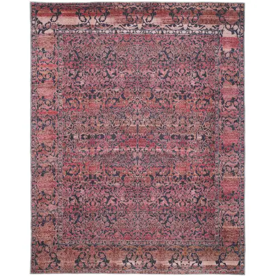 Red Gray and Orange Damask Power Loom Worn Faded Washable Area Rug Photo 2