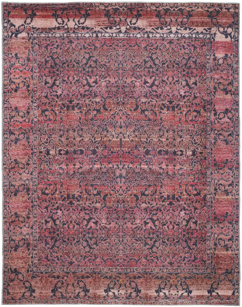 Red Gray and Orange Damask Power Loom Worn Faded Washable Area Rug Photo 2