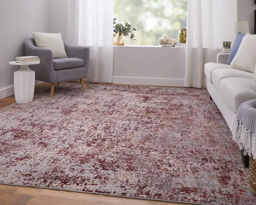 Red Gray and Pink Abstract Power Loom Area Rug Photo 9
