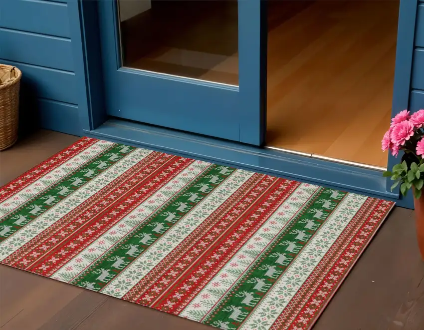 Red Green And Ivory Animal Print Washable Indoor Outdoor Area Rug Photo 2