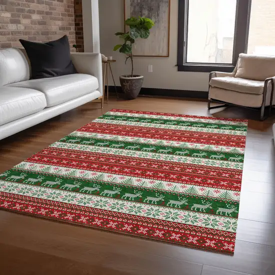 Red Green And Ivory Animal Print Washable Indoor Outdoor Area Rug Photo 5