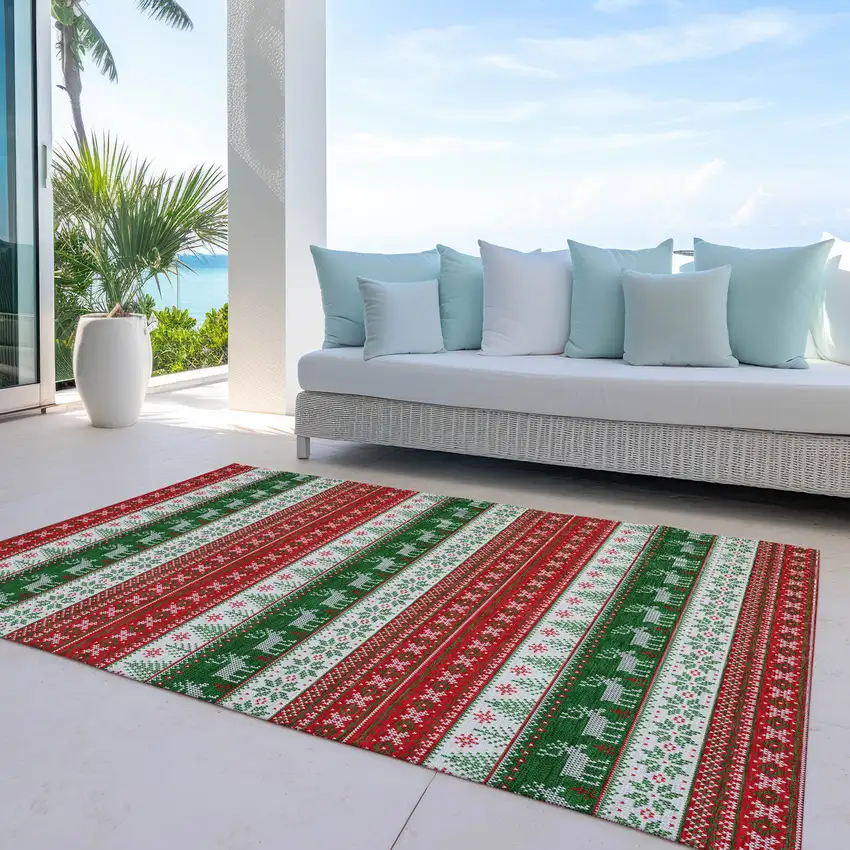 Red Green And Ivory Animal Print Washable Indoor Outdoor Area Rug Photo 4