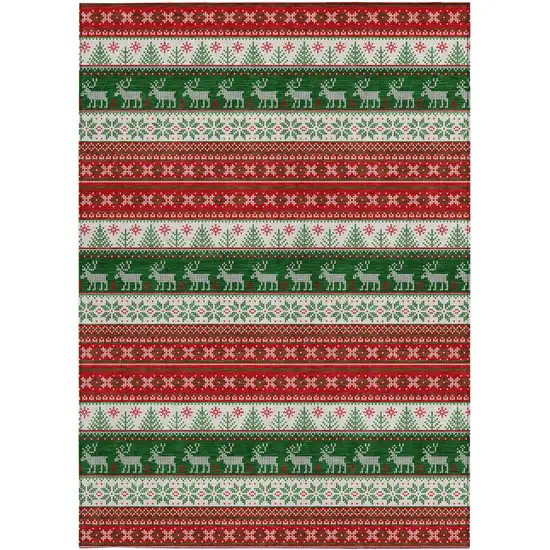 Red Green And Ivory Animal Print Washable Indoor Outdoor Area Rug Photo 1