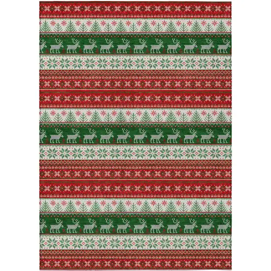 Red Green And Ivory Animal Print Washable Indoor Outdoor Area Rug Photo 1