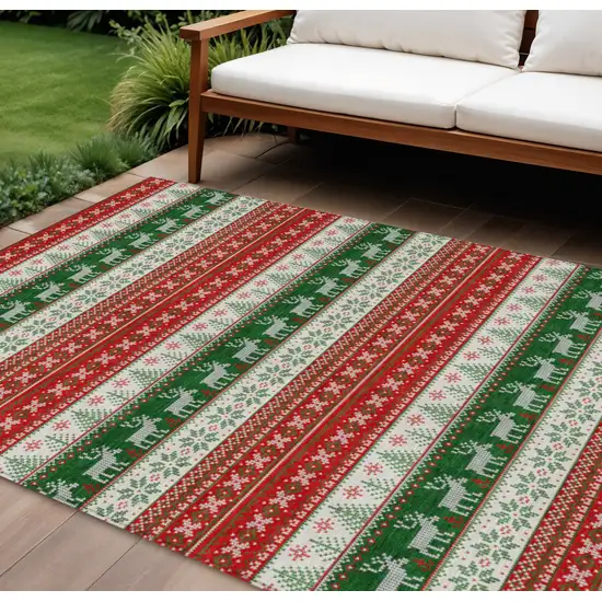 Red Green And Ivory Animal Print Washable Indoor Outdoor Area Rug Photo 2