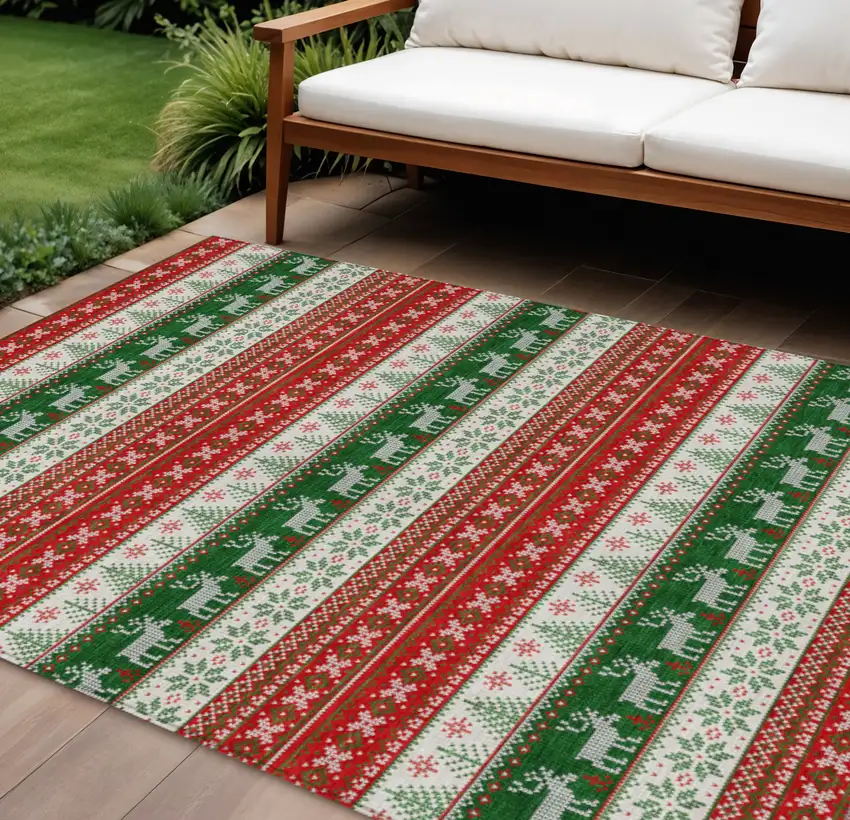 Red Green And Ivory Animal Print Washable Indoor Outdoor Area Rug Photo 2