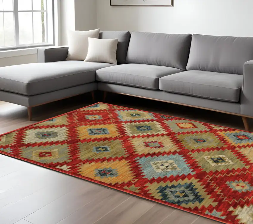 Red and Gold Geometric Power Loom Area Rug Photo 1