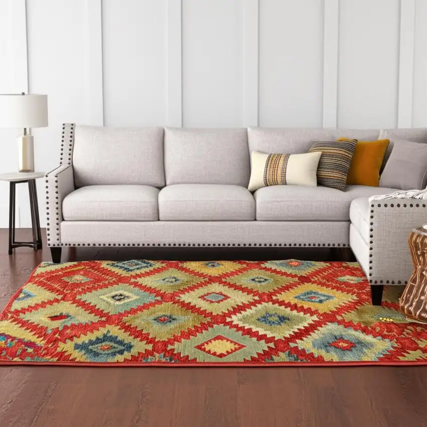 Red Green Gold Blue Teal And Ivory Geometric Power Loom Stain Resistant Area Rug Photo 1