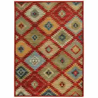 Photo of Red Green Gold Blue Teal And Ivory Geometric Power Loom Stain Resistant Area Rug