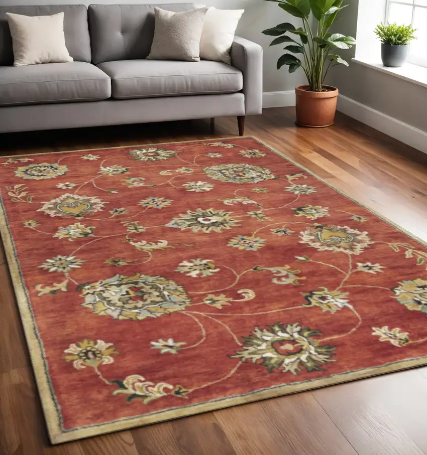 Sienna Gold And Green New Zealand Lambs Wool Floral Vines Hand Tufted Area Rug Photo 1