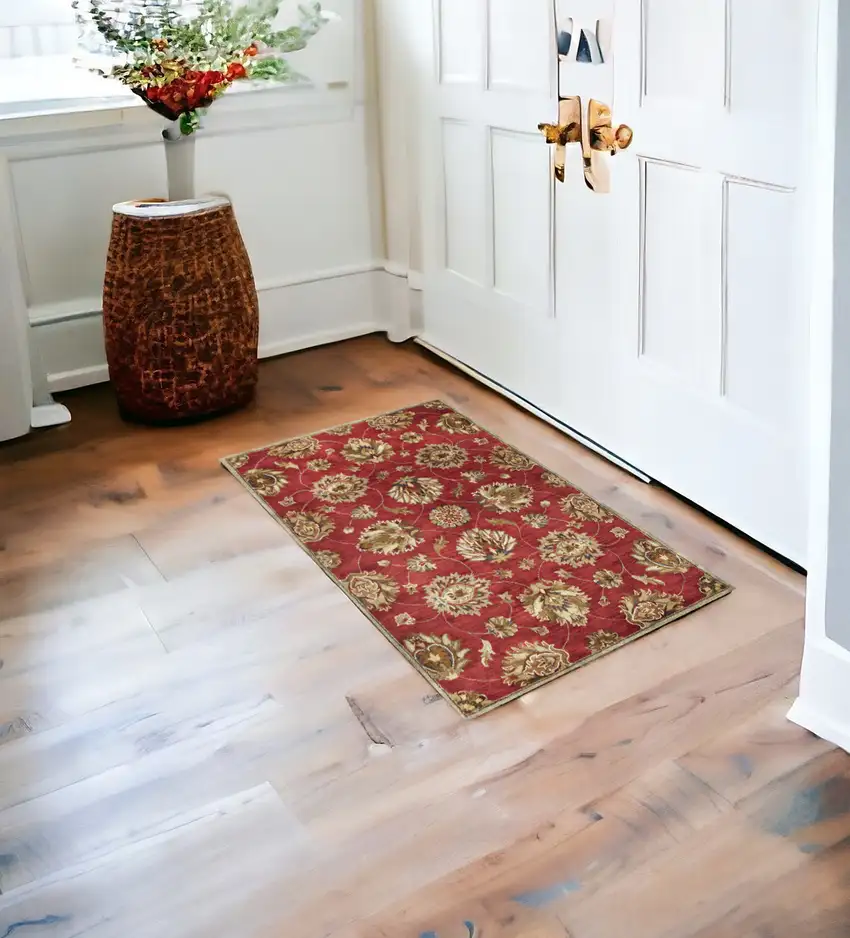 3'X5' Red Hand Tufted Wool Traditional Floral Indoor Area Rug Photo 1