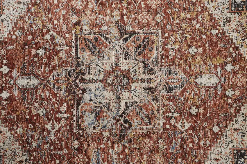 Red Ivory And Black Abstract Distressed Area Rug With Fringe Photo 6
