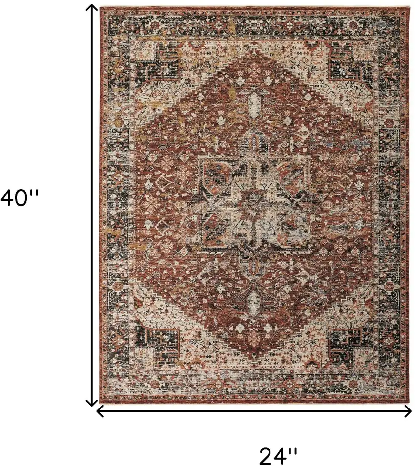 Red Ivory And Black Abstract Distressed Area Rug With Fringe Photo 9