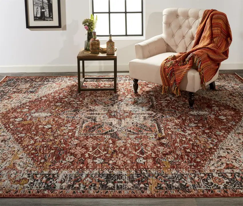 Red Ivory And Black Abstract Distressed Area Rug With Fringe Photo 7