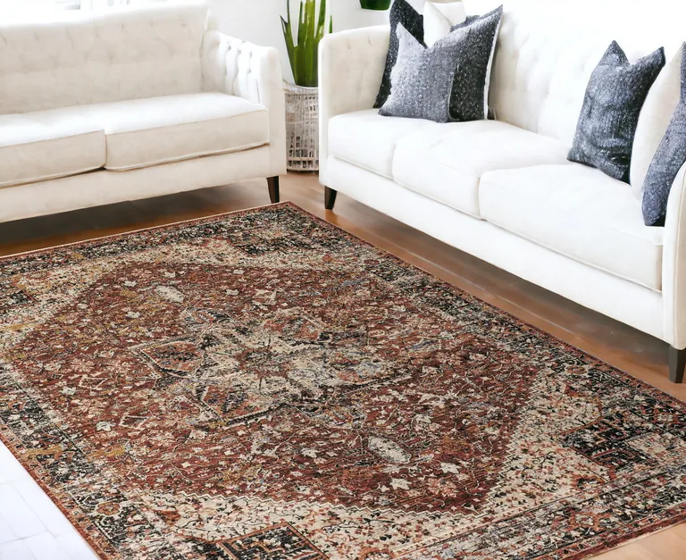 Red Ivory And Black Abstract Distressed Area Rug With Fringe Photo 3