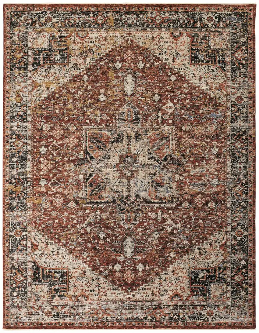 Red Ivory And Black Abstract Distressed Area Rug With Fringe Photo 2