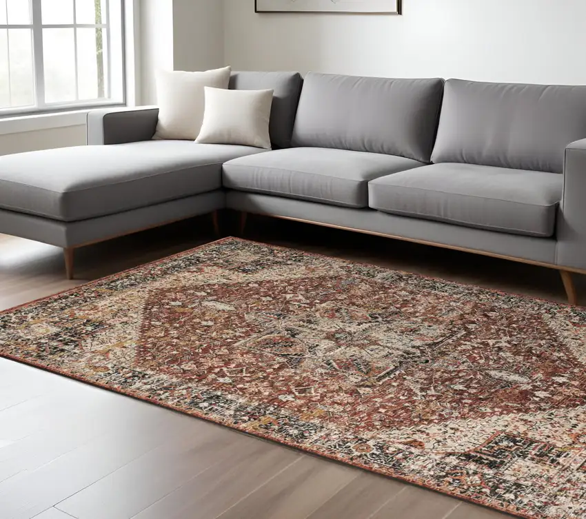 Red and Ivory Abstract Distressed Area Rug With Fringe Photo 1