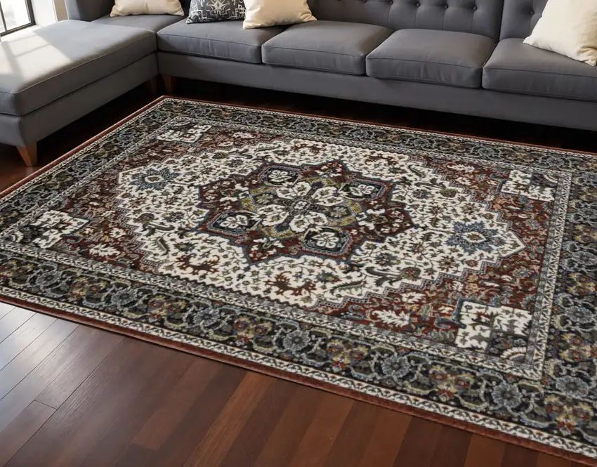 Red Ivory And Black Medallion Area Rug With Fringe Photo 1