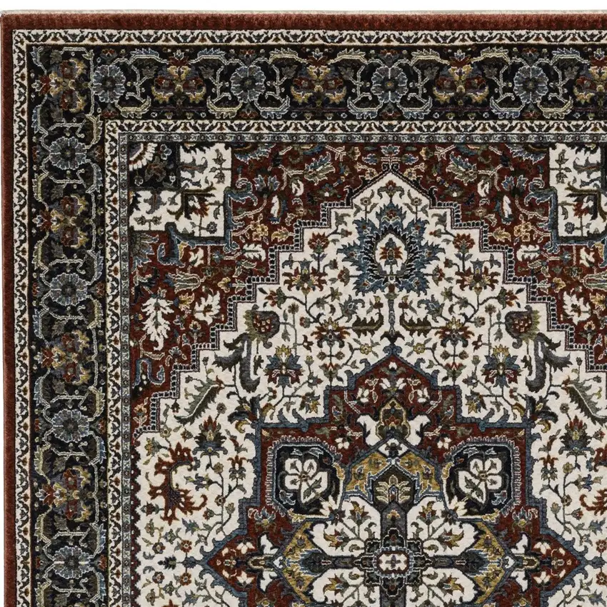 Red Ivory And Black Medallion Area Rug With Fringe Photo 6