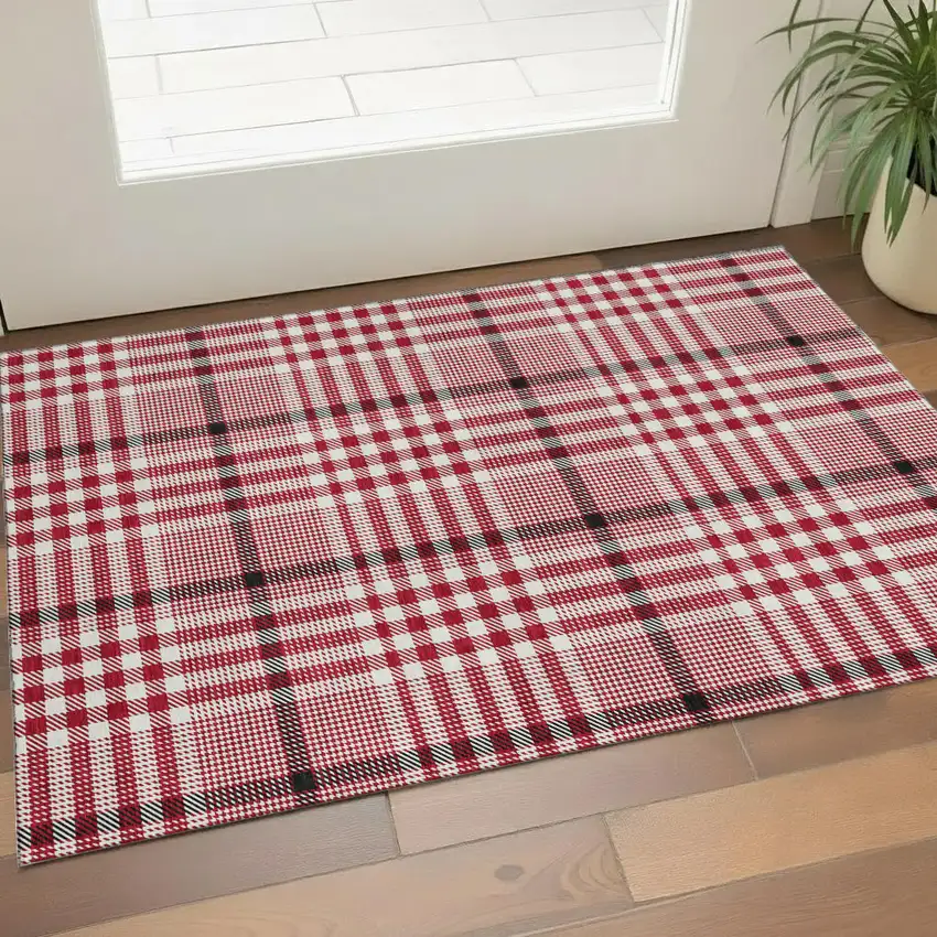 Red Ivory And Black Plaid Washable Area Rug With UV Protection Photo 1