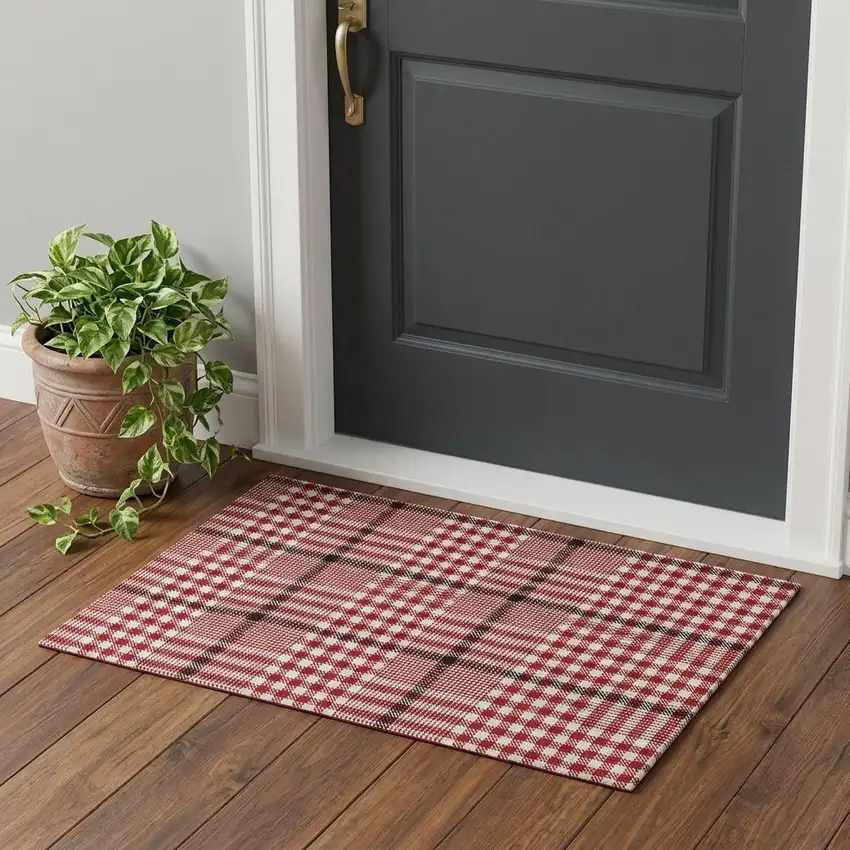 Red Ivory And Black Plaid Washable Area Rug With UV Protection Photo 1