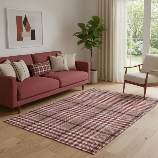 Red Ivory And Black Plaid Washable Area Rug With UV Protection Photo 2